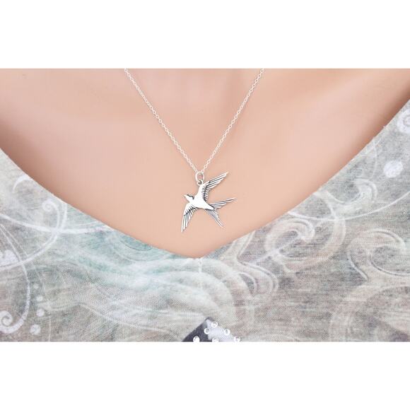 Sterling Silver Swallow Necklace, Silver Swallow Necklace, Swallow Necklace - Picture 4 of 4